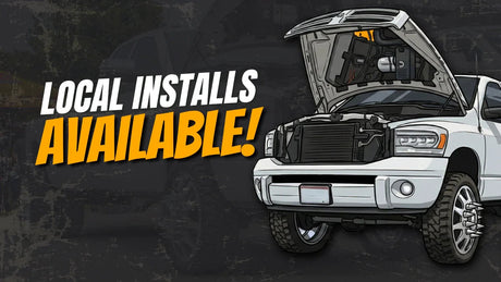 Cartoon white truck with hood open, text reads local installs available, automotive service
