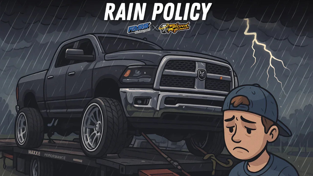 Cartoon truck on trailer in rain with sad person, stormy sky, and lightning in background