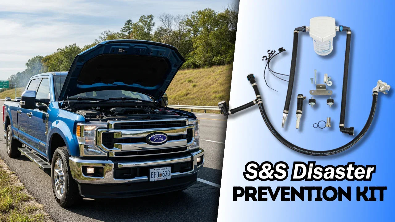 Truck with open hood on roadside and S&S disaster prevention kit components displayed