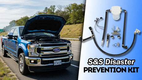 Truck with open hood on roadside and S&S disaster prevention kit components displayed