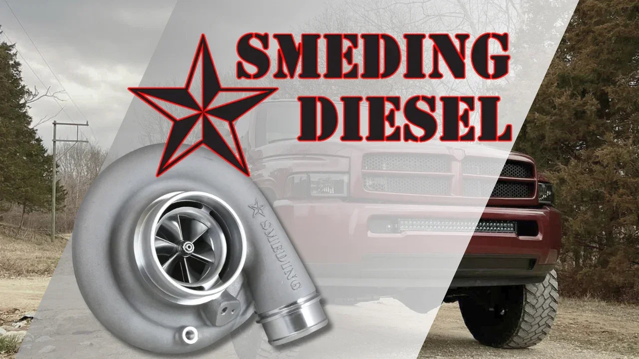 Turbocharger and star logo with 'Smeding Diesel' text over a lifted red truck outdoors