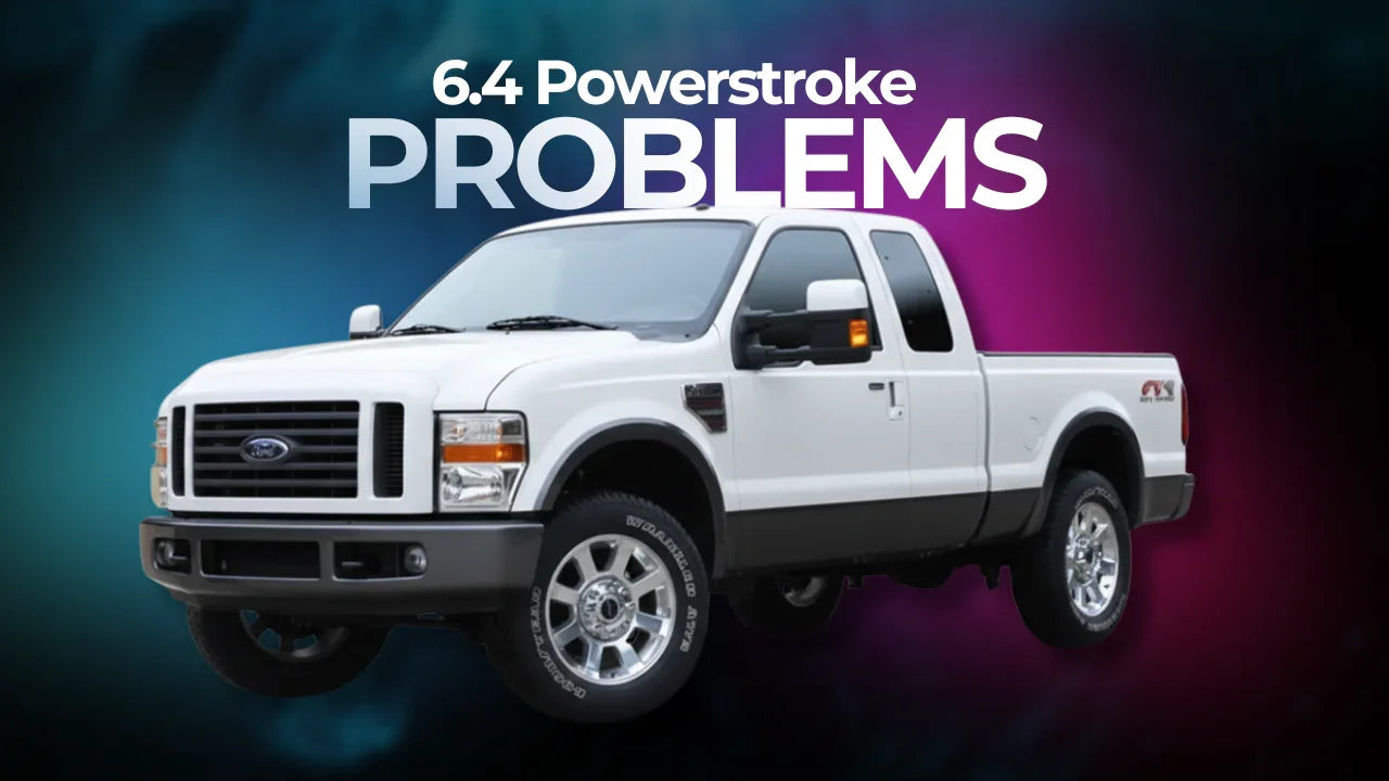 White Ford truck highlighting 6.4 Powerstroke engine problems on a colorful background