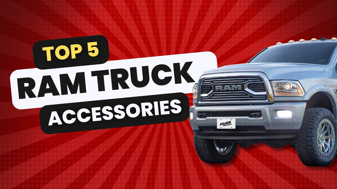 Top 5 Ram truck accessories with silver Ram truck on red burst background