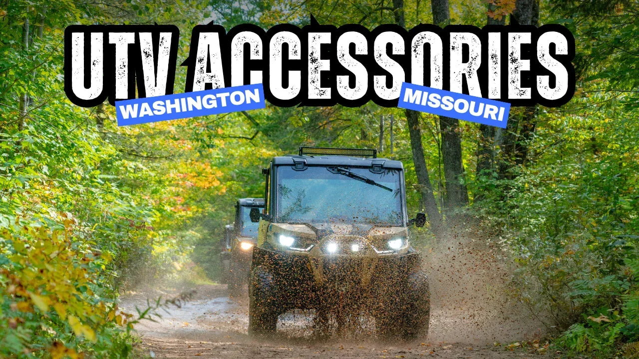 UTV driving through muddy forest trail with text UTV Accessories Washington Missouri