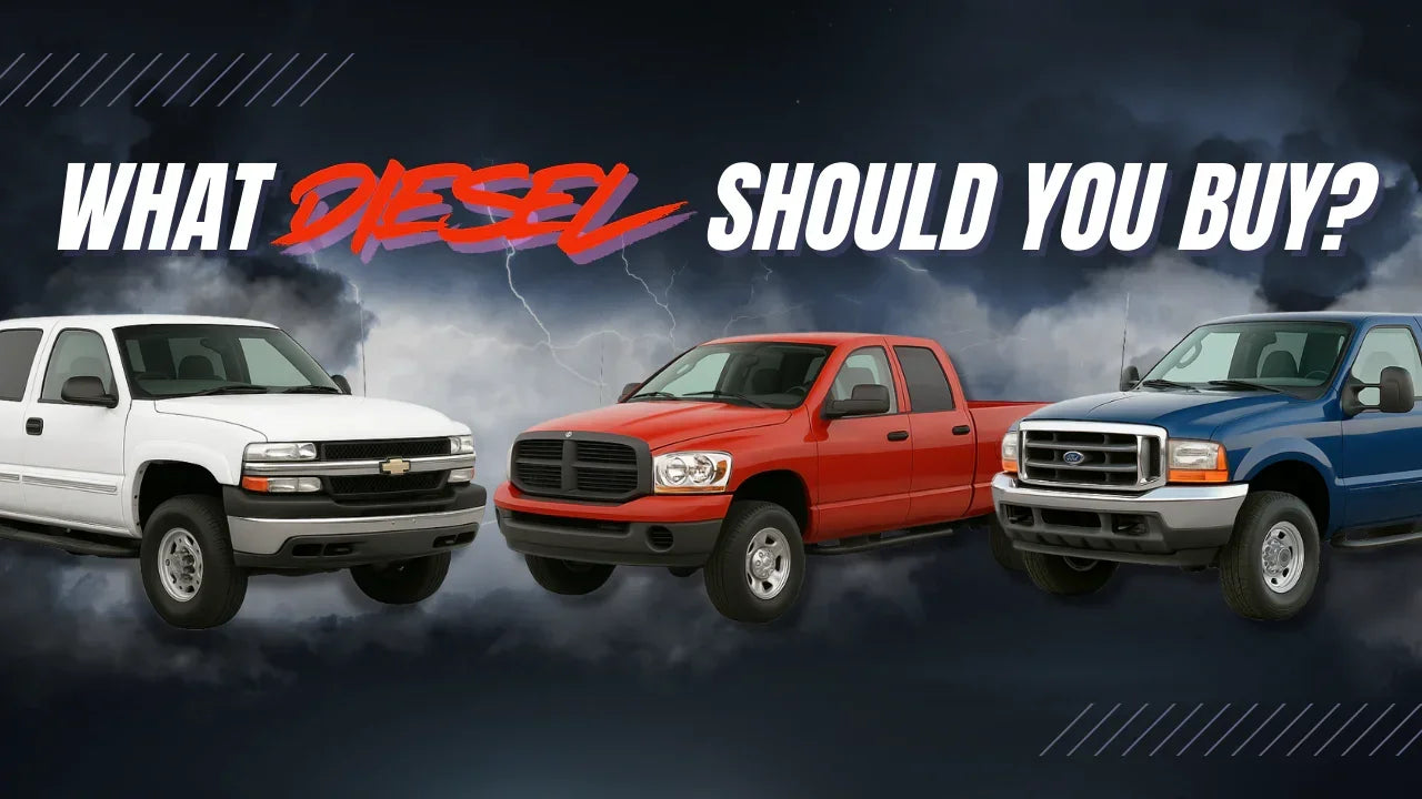 Three diesel pickup trucks—Chevy, Dodge, Ford—side by side under stormy sky, text overlay: What Diesel Should You Buy?