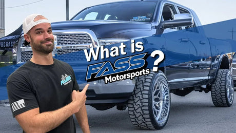 Man pointing at lifted off-road truck with 'What is FASS Motorsports?' text overlay.