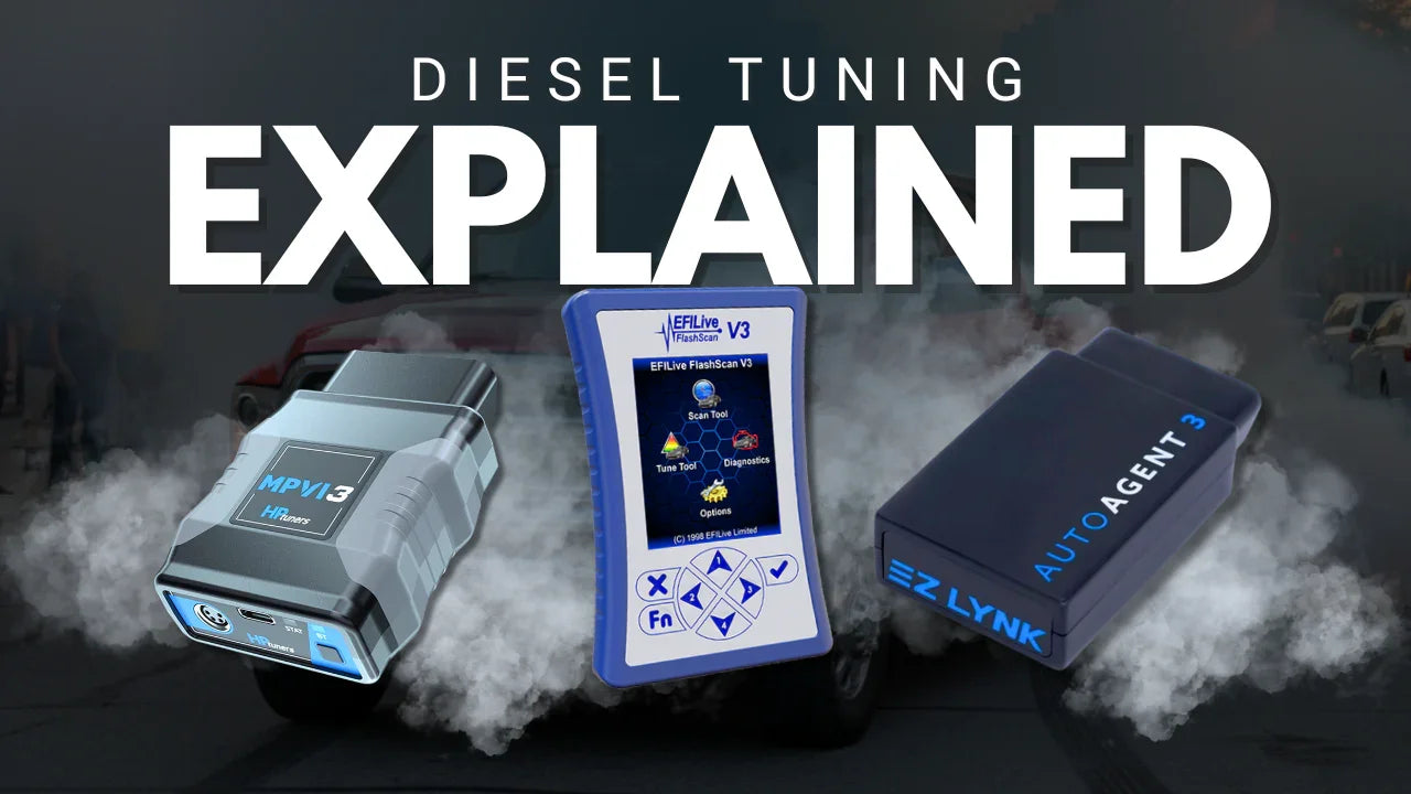 Diesel tuning devices for trucks, including MPVI3, EFILive FlashScan, and EZ Lynk AutoAgent 3.