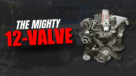 12-valve diesel engine illustration with bold text 'The Mighty 12-Valve' on dark background