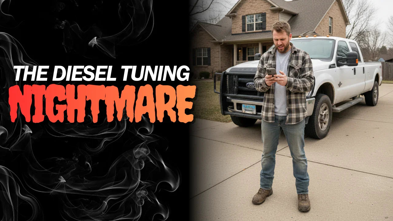 Man standing in front of white diesel truck, looking frustrated with phone, text reads 'The Diesel Tuning Nightmare'.