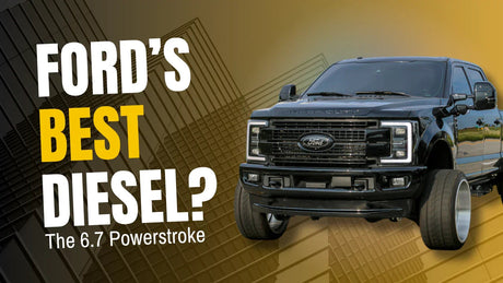Black Ford Super Duty truck 6.7 Powerstroke diesel with bold text overlay, city backdrop