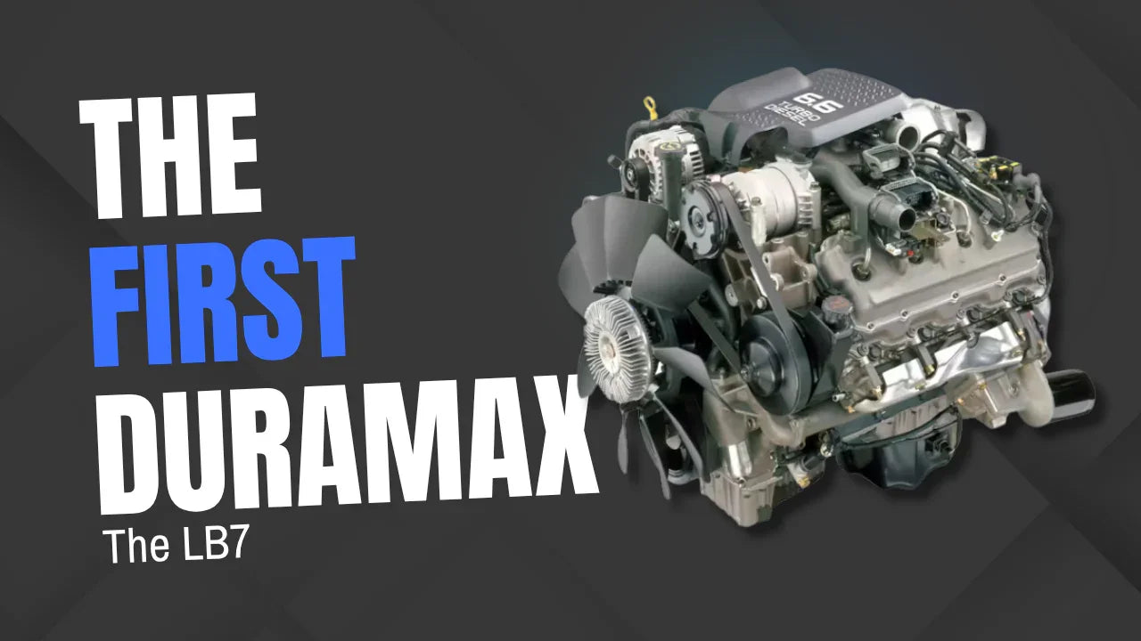 LB7 Duramax diesel engine with text 'The First Duramax' on dark background