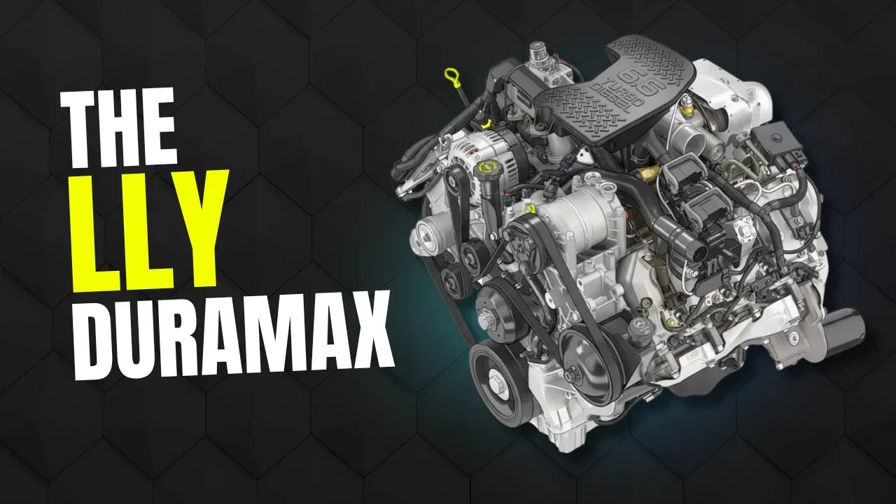 LLY Duramax turbo diesel engine on dark geometric background with bold text