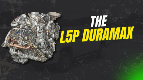 Detailed L5P Duramax diesel engine illustration with bold text on black background