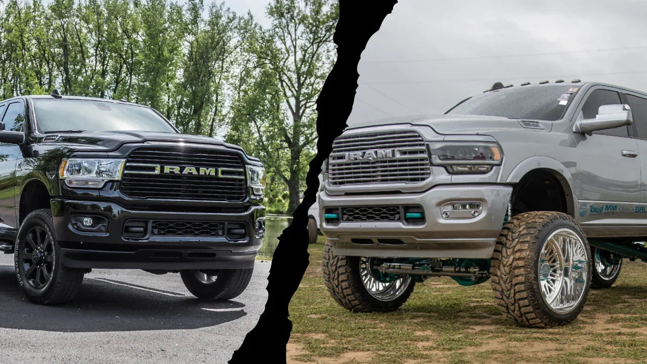 Side-by-side comparison of black RAM truck and lifted silver RAM truck with off-road tires