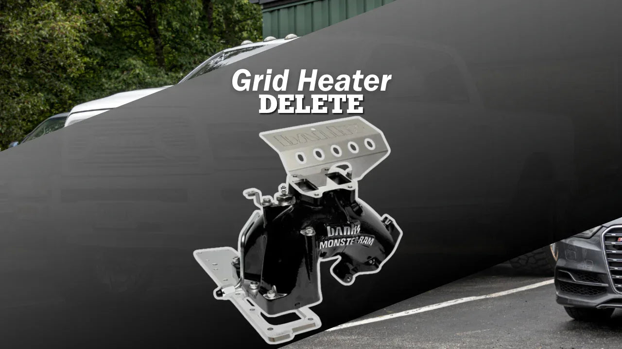 Grid heater delete kit for diesel trucks, with intake manifold part and automotive background.