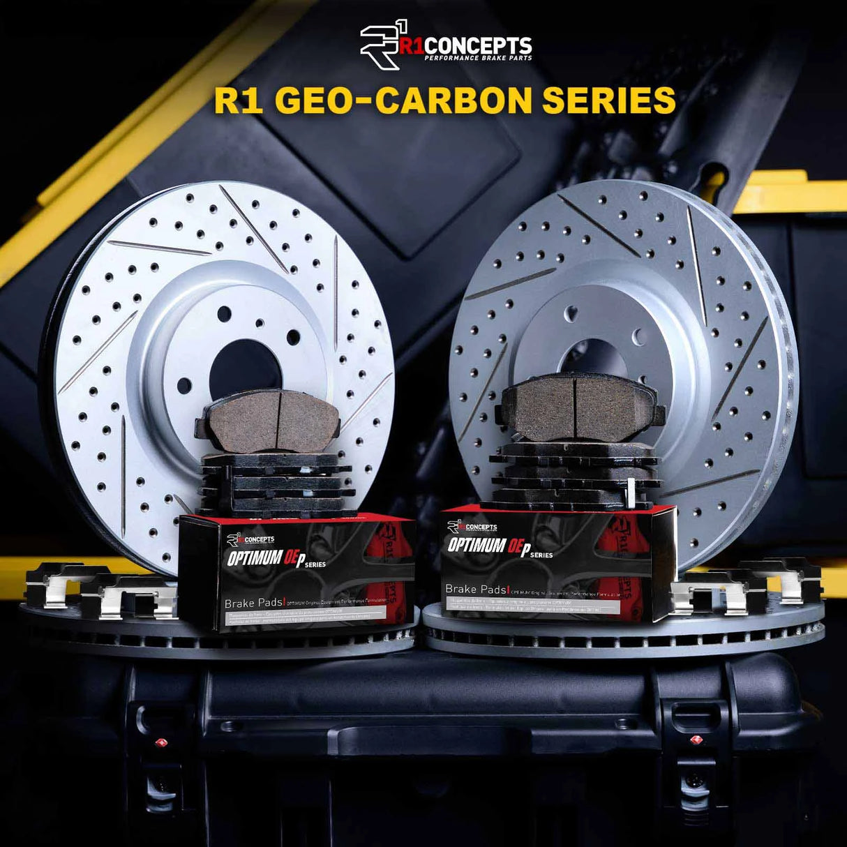 R1 17-20 Ford FusIon Front & Rear Drill/Slot Carbon Coated Rotor Set w/Optimum Pads