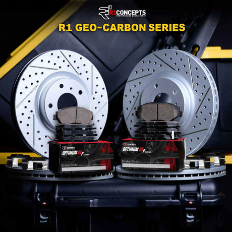 R1 17-20 Ford FusIon Front & Rear Drill/Slot Carbon Coated Rotor Set w/Optimum Pads