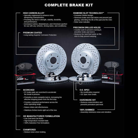 R1 17-20 Ford FusIon Front & Rear Drill/Slot Carbon Coated Rotor Set w/Optimum Pads