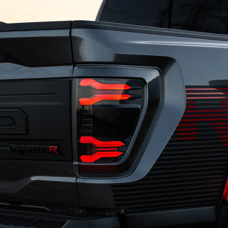AlphaRex 2024-2025 Ford F-150 LUXX LED Taillights Blk-Red Activ Light/Seq Signal - Smoked Lens