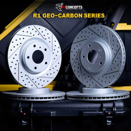 R1 17-20 Ford FusIon Front & Rear Drill/Slot Carbon Coated Rotor Set w/Optimum Pads