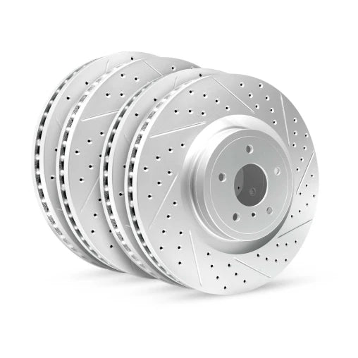 R1 17-20 Ford FusIon Front & Rear Drill/Slot Carbon Coated Rotor Set w/Optimum Pads