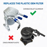 S&S Diesel 6.7F11-LPK kit contents — billet housing, filter and Fuel Leak Prevention Fitting