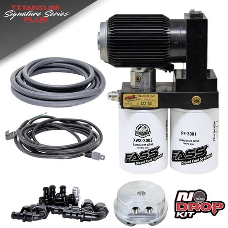 FASS No-Drop Series Plus diesel fuel system kit with motor heat sink, fuel sump bowl, black hose, wiring harness and ORB fittings