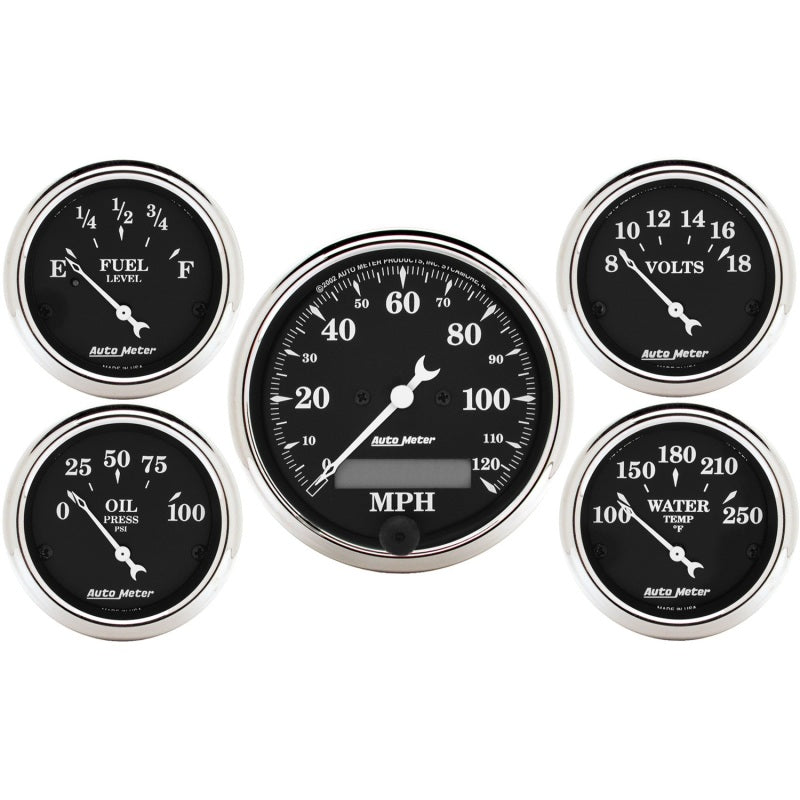 AutoMeter Gauge Kit 5 Pc. 3-1/8in. & 2-1/16in. Elec. Speedometer Old Tyme Black