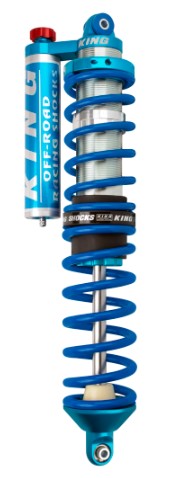 A blue King Shocks Polaris RZR S 900 Front 2.5 Piggyback Coilover with adjuster.