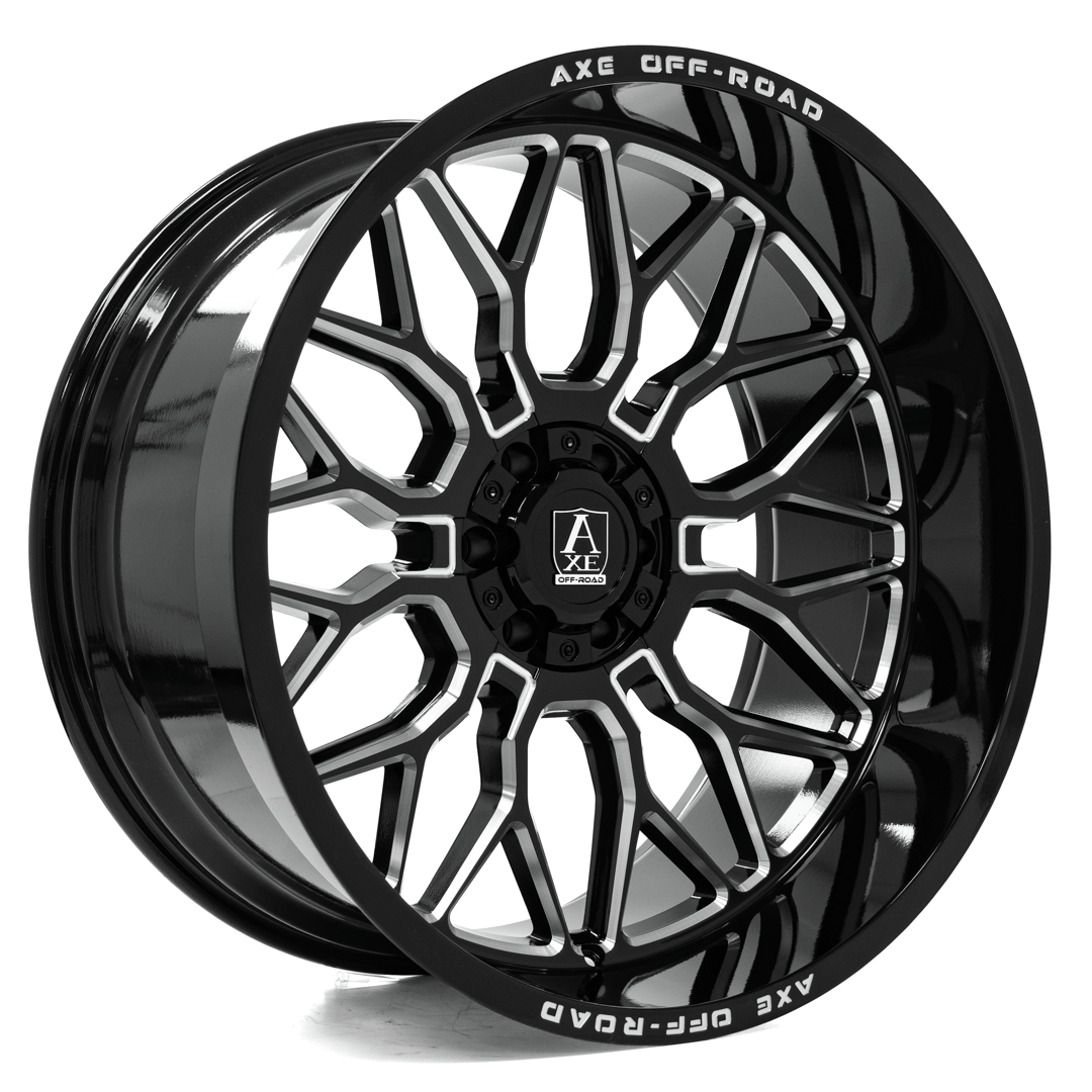 Axe Off-Road Titan wheel, gloss black milled, angle view