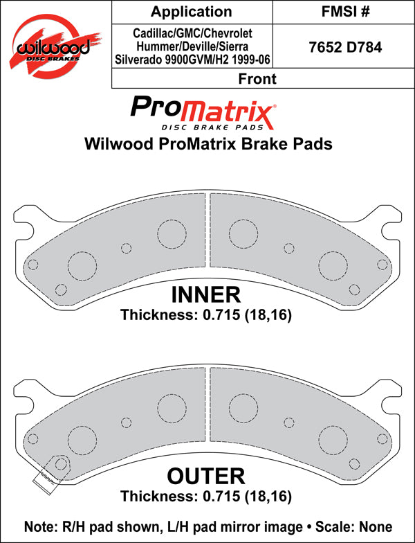 Wilwood Promatrix D784-10 Street Performance Brake Pads