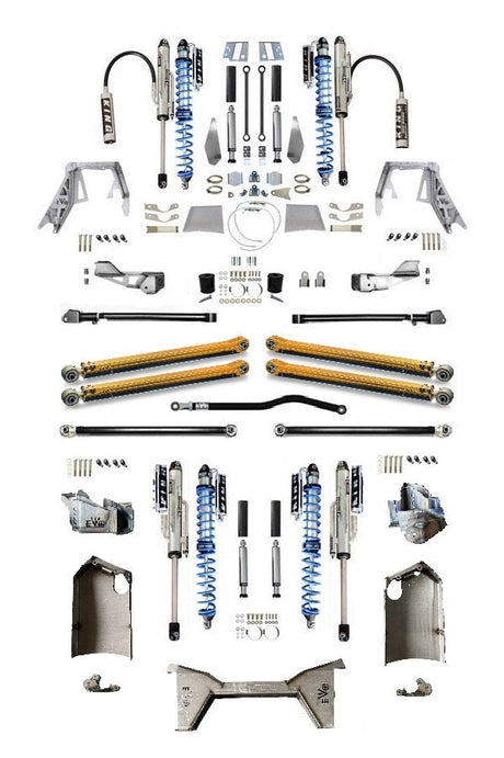 EVO MFG 2018-2024 Jeep Wrangler JL KING Front 2.5 Inch Double Throwdown Rear 2.5 3.0 Inch Coil over Bypass Triangulated Long Arm PRO PLUS, BLACK, 2.0 or 3.6L or 392