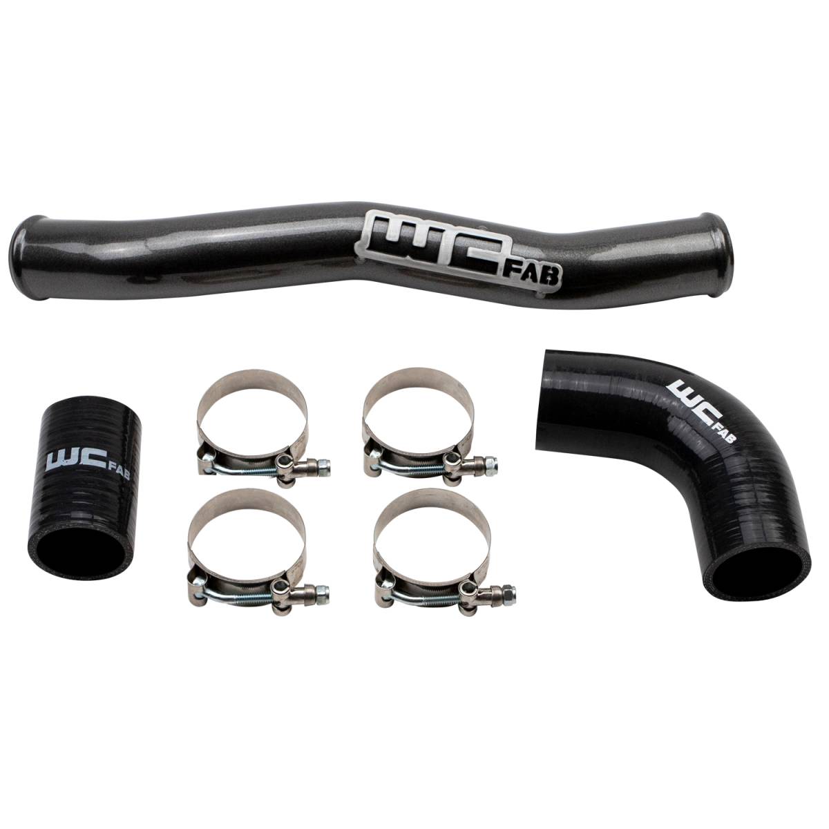 Wehrli upper coolant pipe with silicone boots and stainless T-bolt clamps for the L5P Duramax