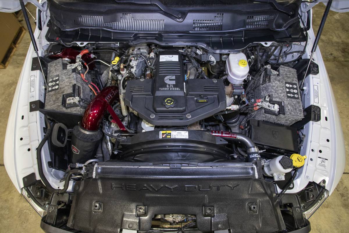 Wehrli 6.7L Cummins upper coolant pipe installed in place of the OEM rubber hose
