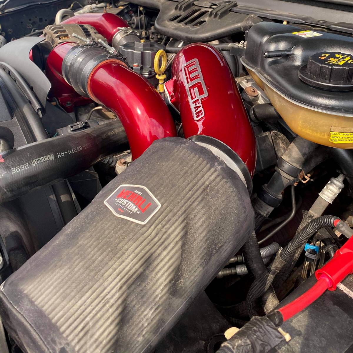 Wehrli 4 inch intake kit for 6.0L Powerstroke installed in the engine bay