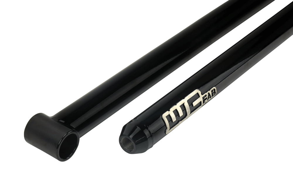 Wehrli universal 60 inch traction bar showing the poly bushing axle end and Johnny Joint frame end