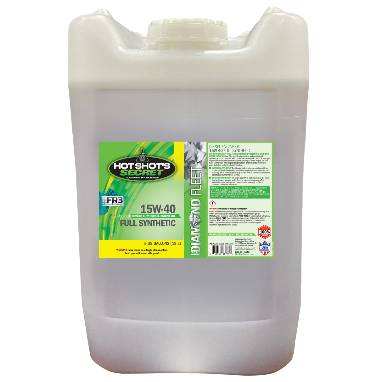 Hot Shot's Secret GREEN DIAMOND 15W40 Full Synthetic Heavy Duty Engine Oil - 5 GALLON