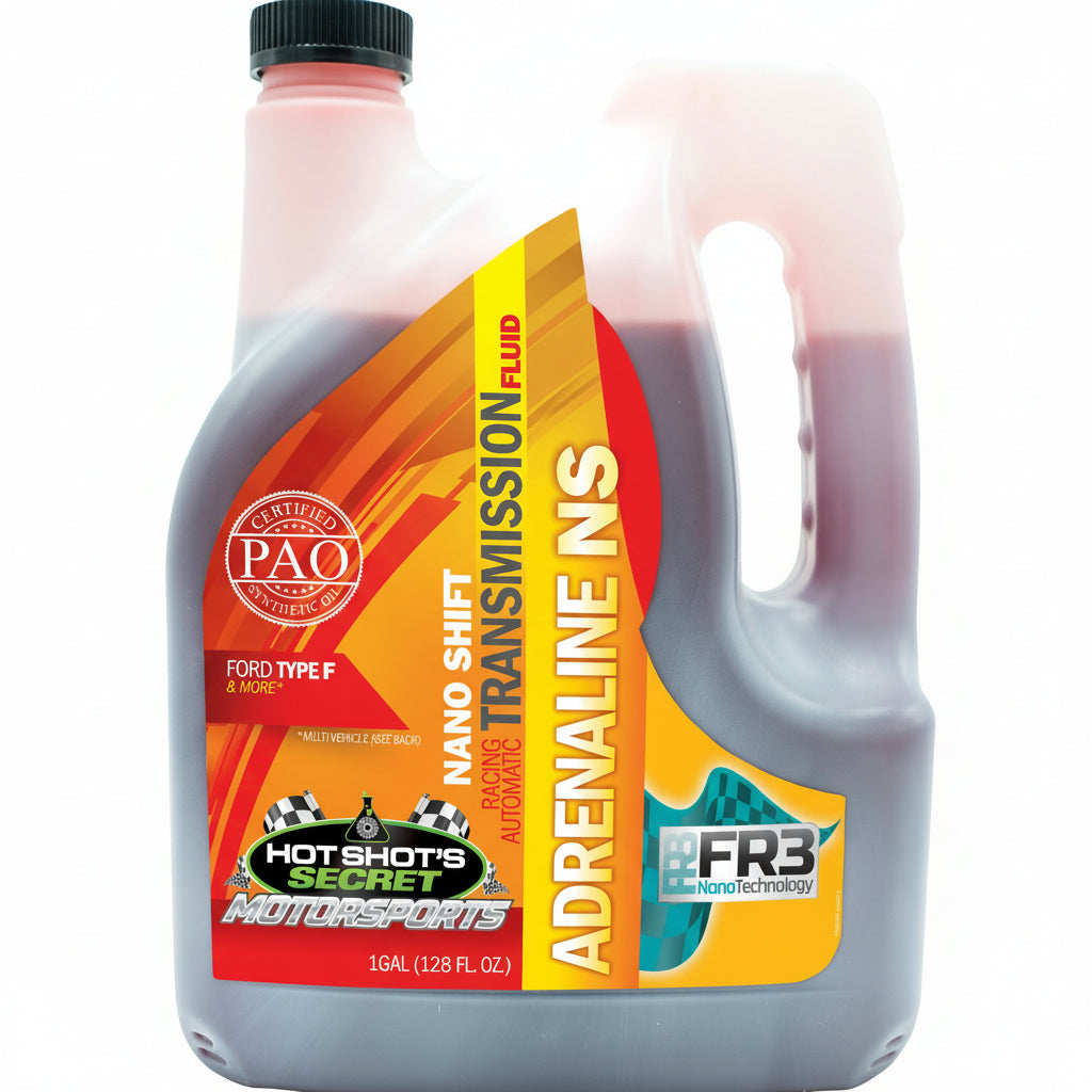 Jug of Hot Shot's Secret Adrenaline NS transmission fluid with colorful label