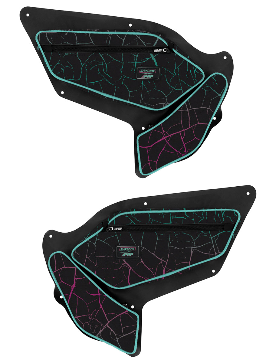 PRP Black & Pink Shreddy Front Door Bags with Knee Pad for Polaris RZR PRO XP, PRO R, Turbo R (Pair), Cracked and Teal