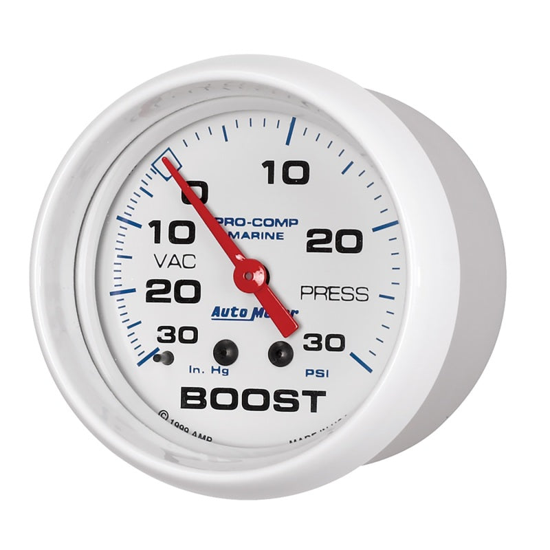 Autometer Marine White Gauge 2-5/8in Mechanical Vacuum/Boost Gauge 30INHG-30PSI