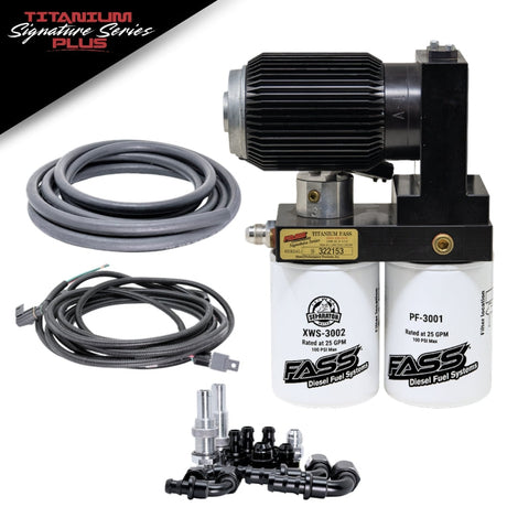 FASS Titanium Signature Series Plus diesel fuel system kit with motor heat sink, black hose, wiring harness and ORB fittings
