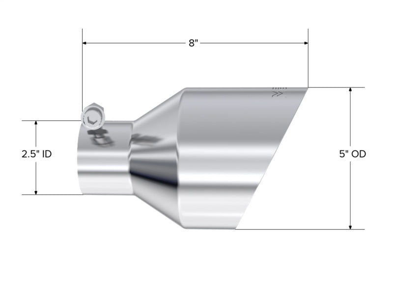 MBRP T304 SS Tip 2.5in ID, 5in OD Out, 8in Length, Angle Cut, Dual Wall