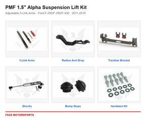 PMF 1.5 inch Alpha Suspension Lift Kit - Adjustable 3-Link Arms | Ford F-250/F-350/F-450 | 2011-2016 - kit components