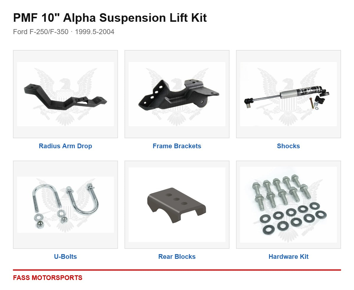 PMF 10 inch Alpha Suspension Lift Kit - Ford F-250/F-350 | 1999.5-2004 - kit components