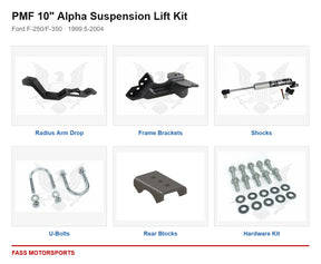 PMF 10 inch Alpha Suspension Lift Kit - Ford F-250/F-350 | 1999.5-2004 - kit components