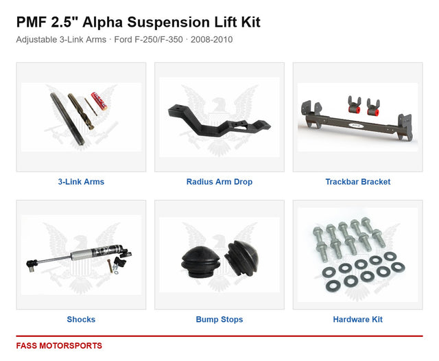 PMF 2.5 inch Alpha Suspension Lift Kit - Adjustable 3-Link Arms | Ford F-250/F-350 | 2008-2010 - kit components