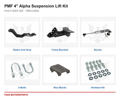 PMF 4 inch Alpha Suspension Lift Kit - Ford F-250/F-350 | 1999.5-2004 - kit components