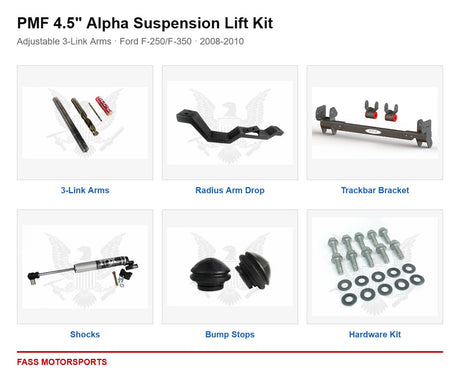 PMF 4.5 inch Alpha Suspension Lift Kit - Adjustable 3-Link Arms | Ford F-250/F-350 | 2008-2010 - kit components