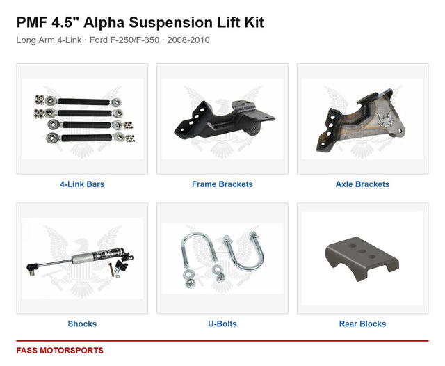 PMF 4.5 inch Alpha Suspension Lift Kit - Long Arm 4-Link | Ford F-250/F-350 | 2008-2010 - kit components