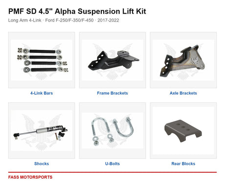 PMF SD 4.5 inch Alpha Suspension Lift Kit - Long Arm 4-Link | Ford F-250/F-350/F-450 | 2017-2022 - kit components